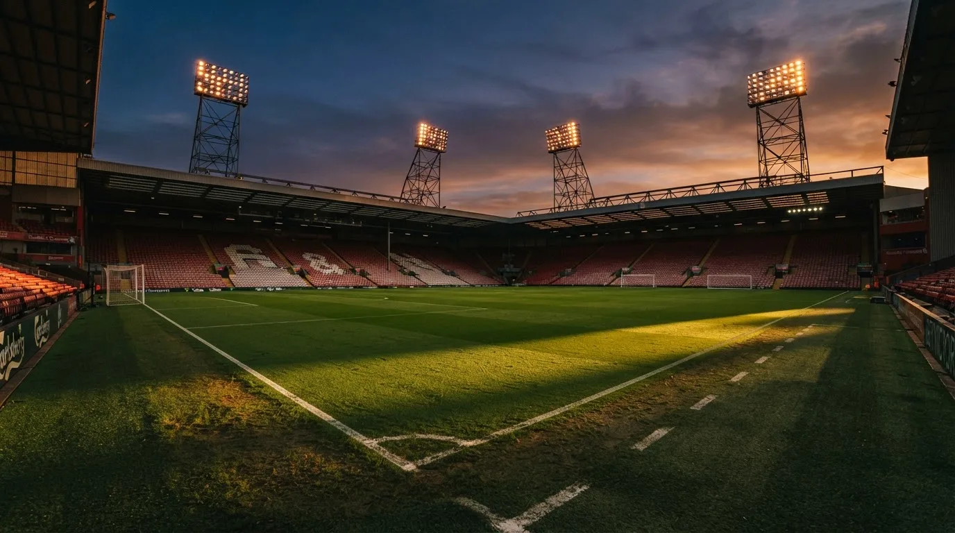 Un estadio de fútbol vacío con torres de iluminación al atardecer