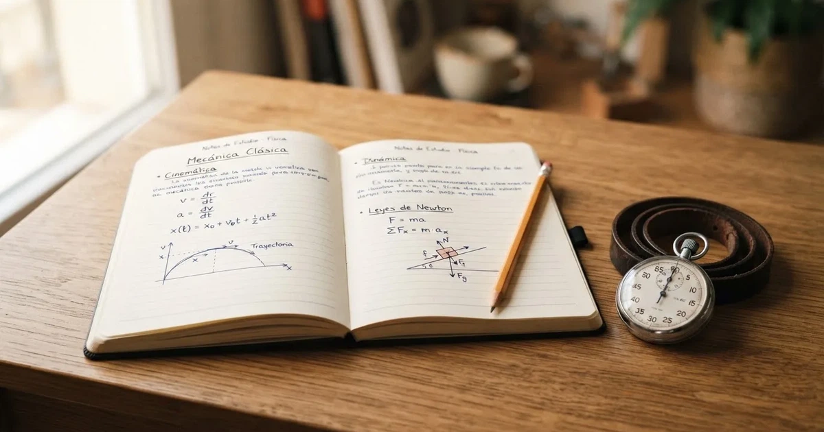 Un cuaderno abierto con un lápiz y un cronómetro sobre una mesa de madera