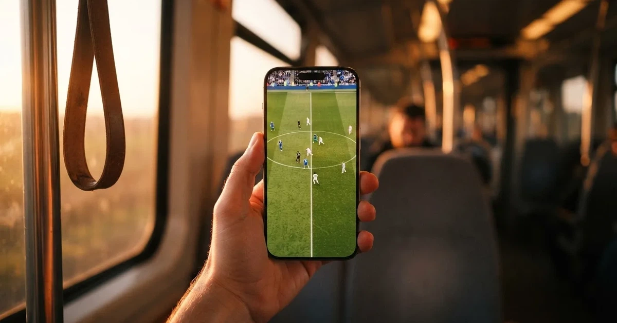 Una mano sostiene un móvil en el tren por la tarde, con la pantalla girada