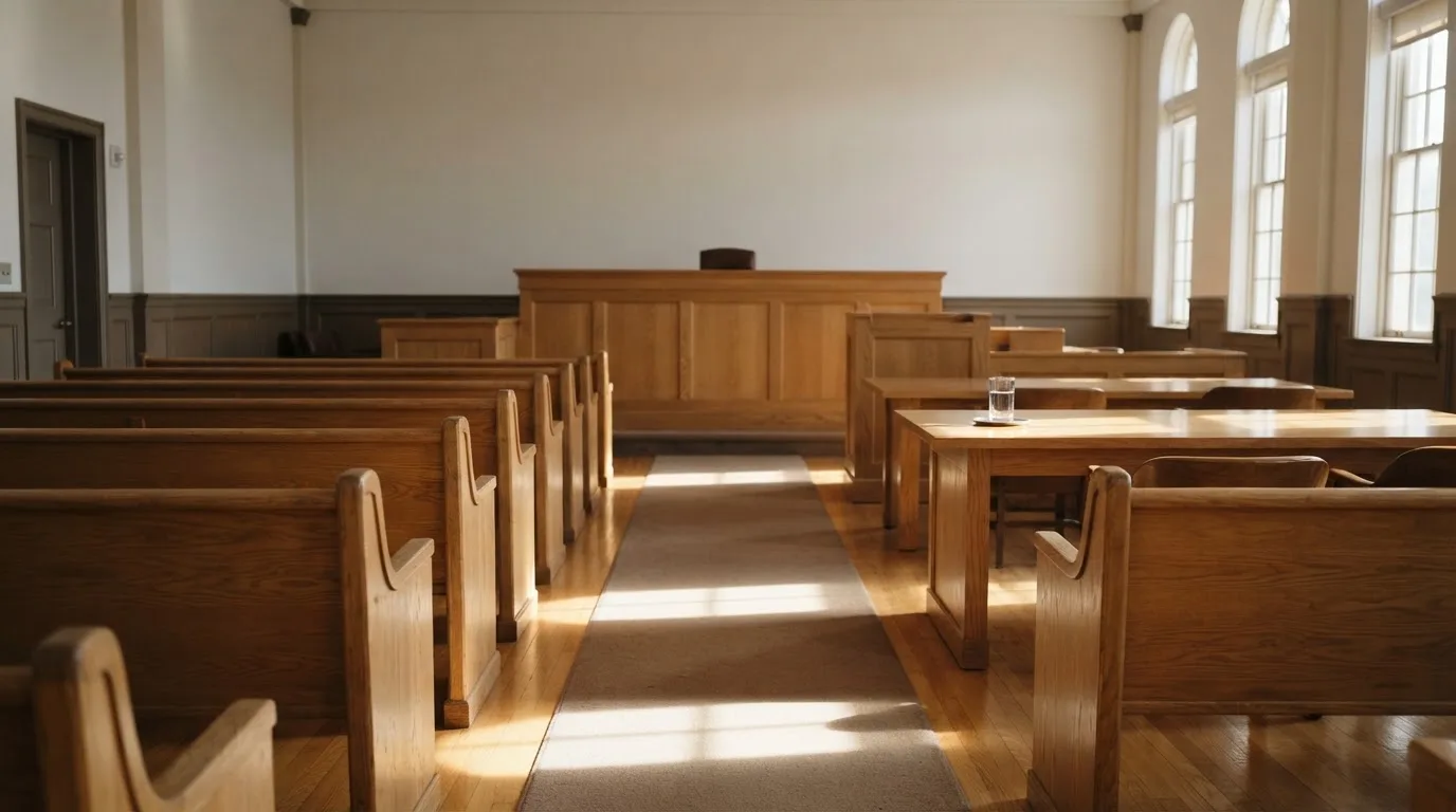 Una sala de tribunal vacía con bancos de madera a la luz de la mañana