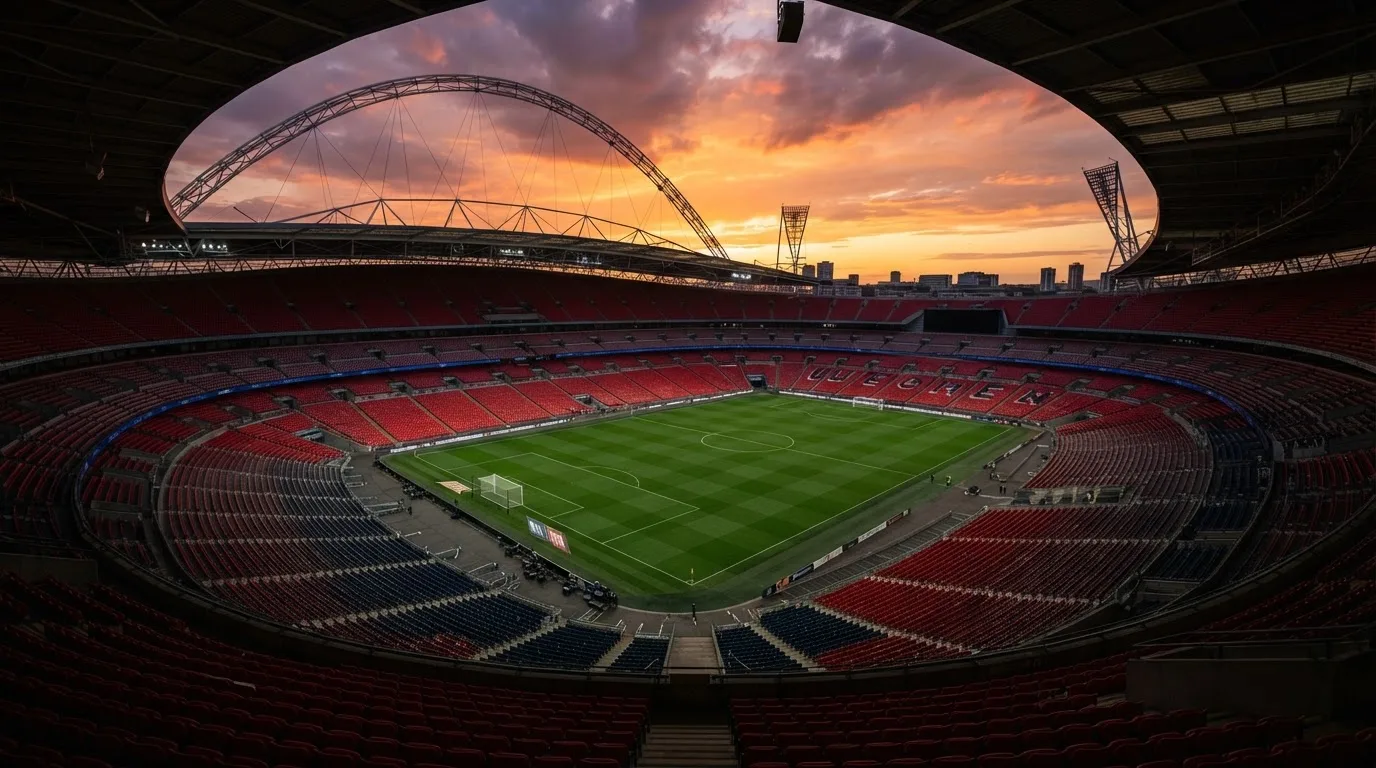 Un estadio de fútbol vacío con torres de iluminación al atardecer