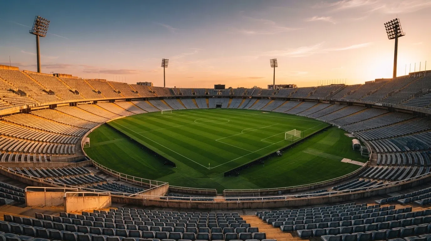 Un estadio de fútbol vacío con torres de iluminación al atardecer