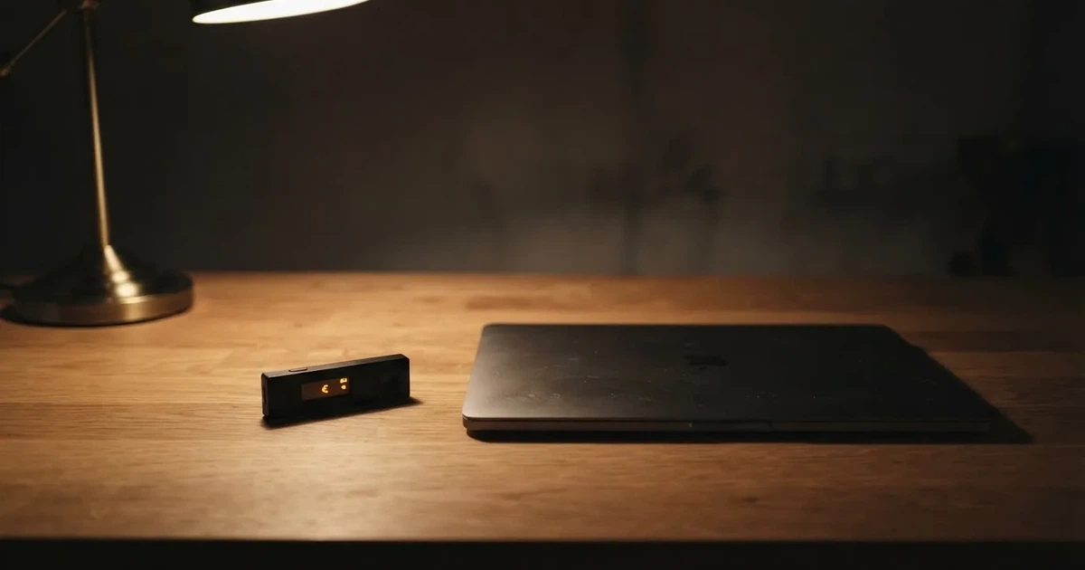 Un monedero físico de criptomonedas y un portátil cerrado sobre un escritorio con poca luz