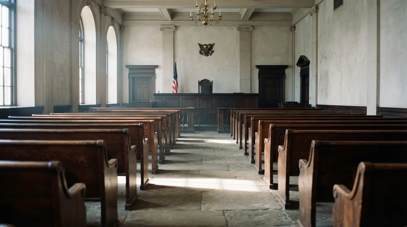 Una sala de tribunal vacía con bancos de madera a la luz de la mañana