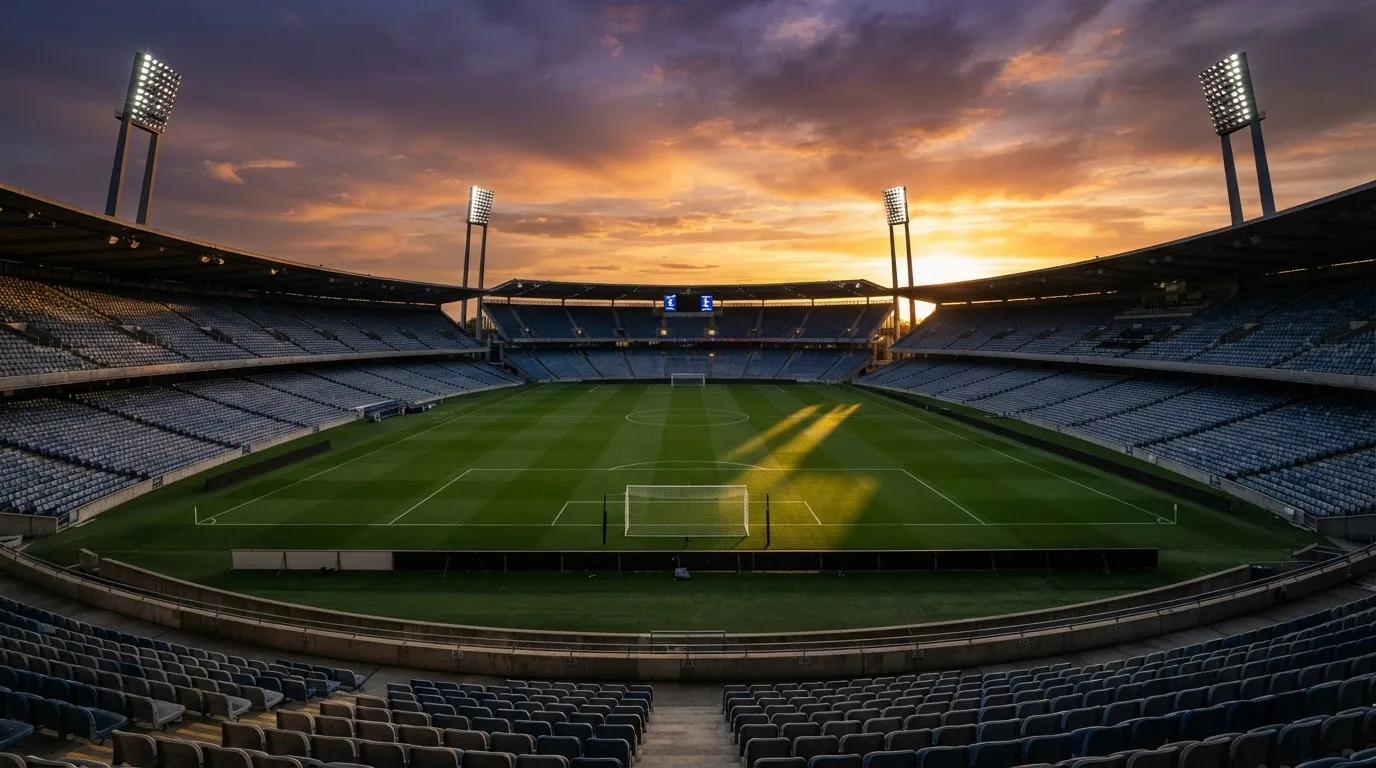 Un estadio de fútbol vacío con torres de iluminación al atardecer