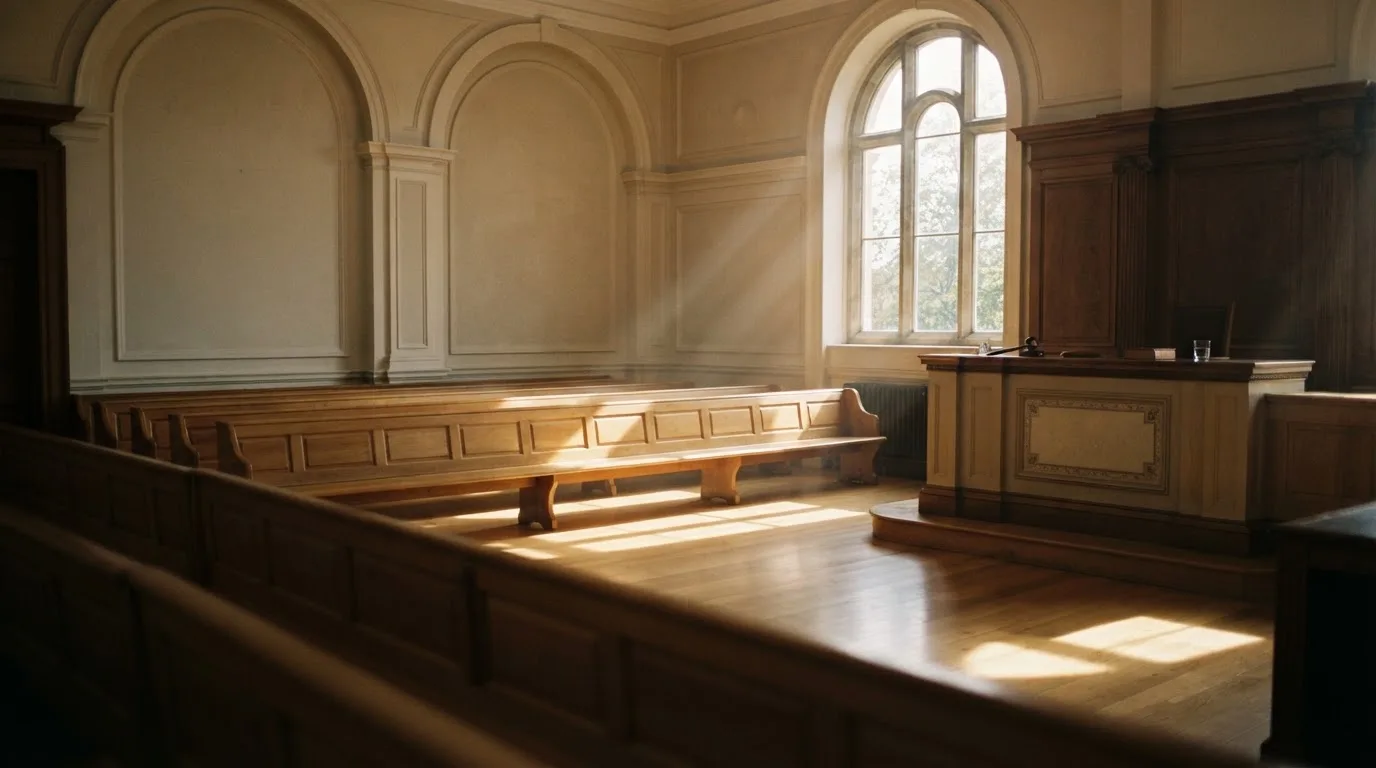 Una sala de tribunal vacía con bancos de madera a la luz de la mañana