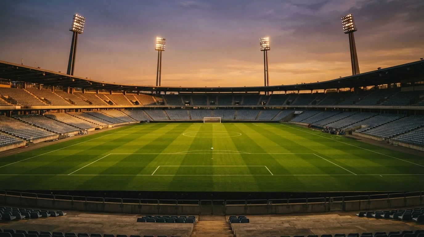 Un estadio de fútbol vacío con torres de iluminación al atardecer
