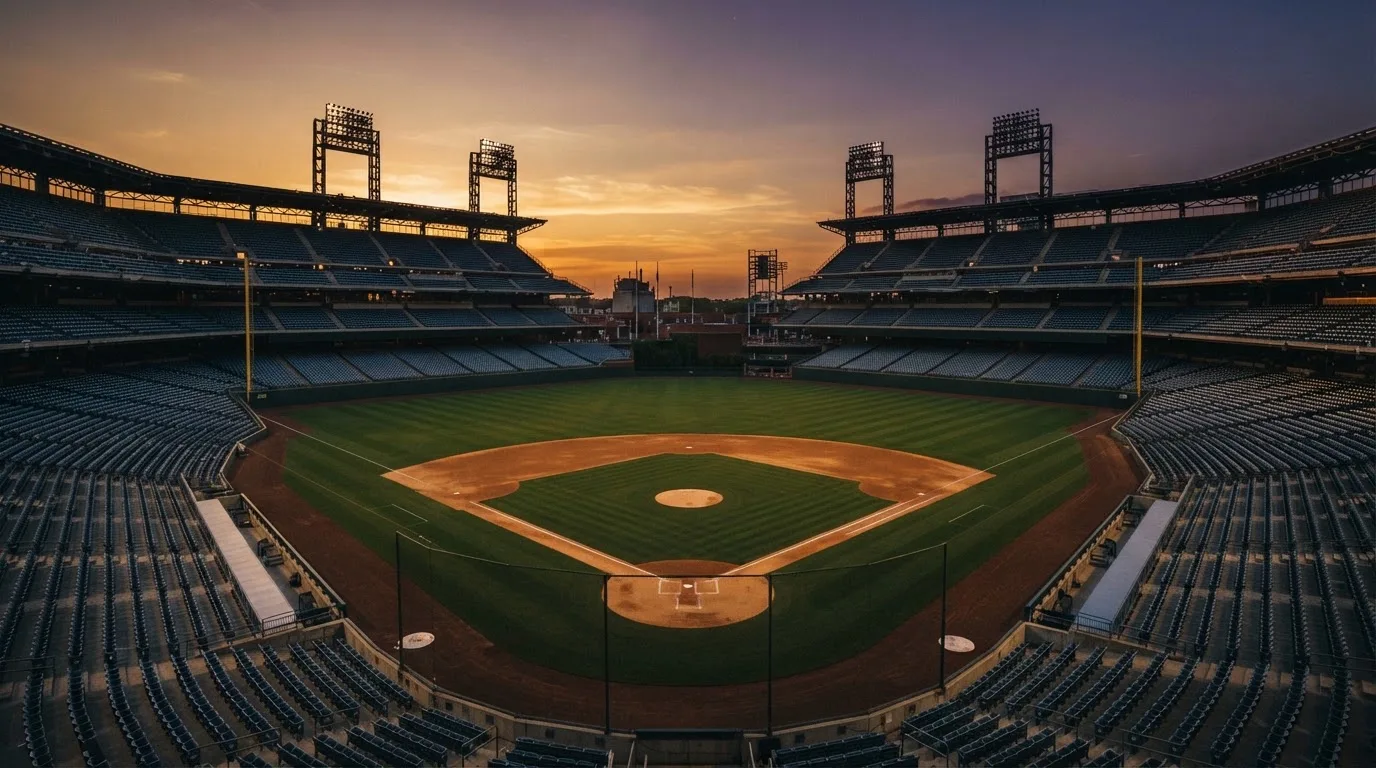 Un estadio de fútbol vacío con torres de iluminación al atardecer
