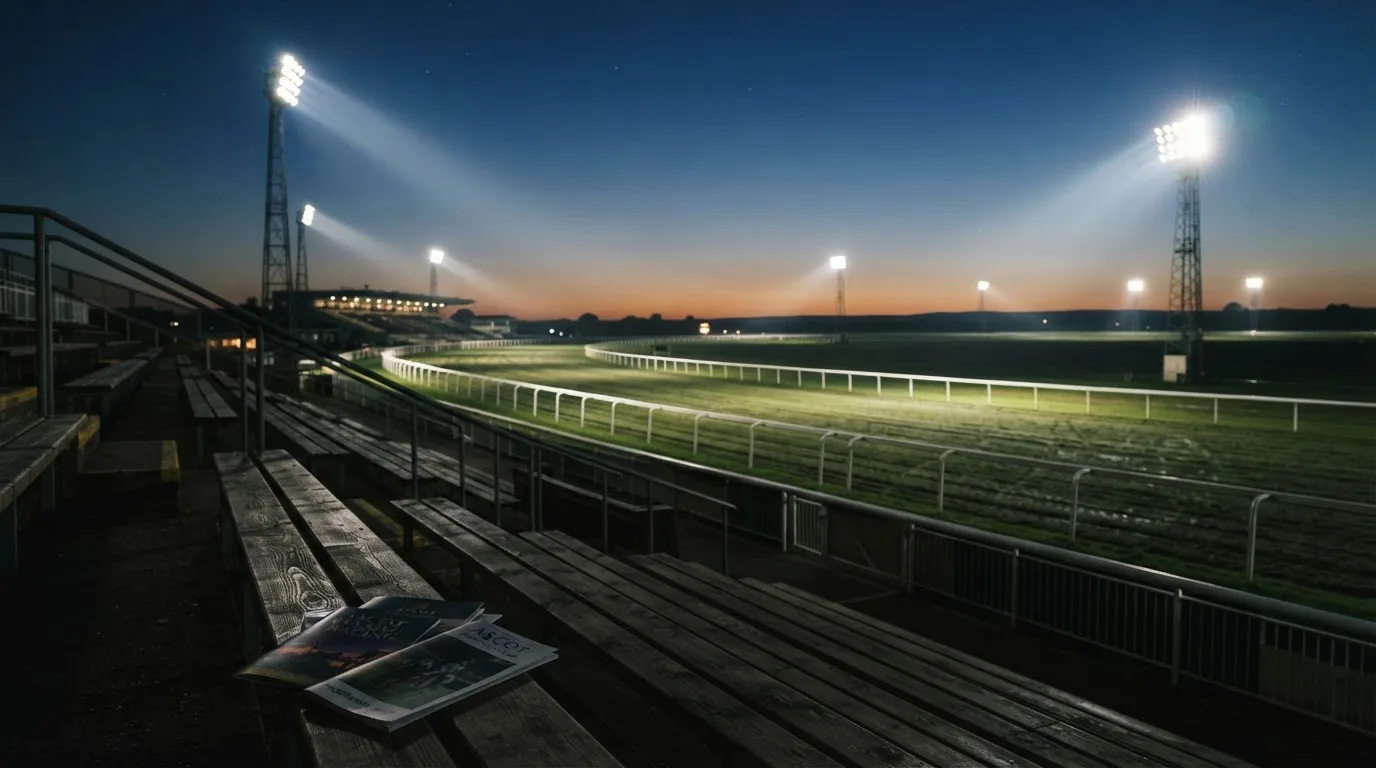 Un estadio de fútbol vacío con torres de iluminación al atardecer