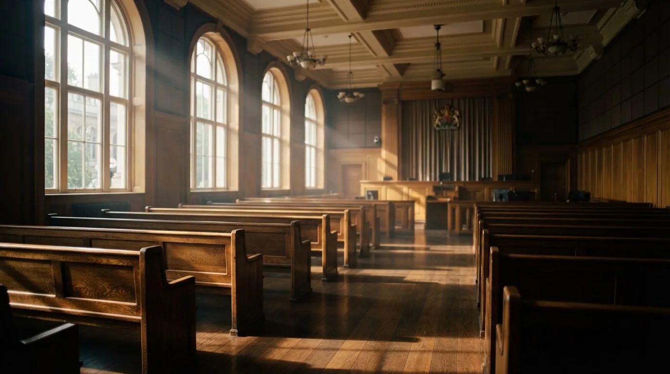 Una sala de tribunal vacía con bancos de madera a la luz de la mañana