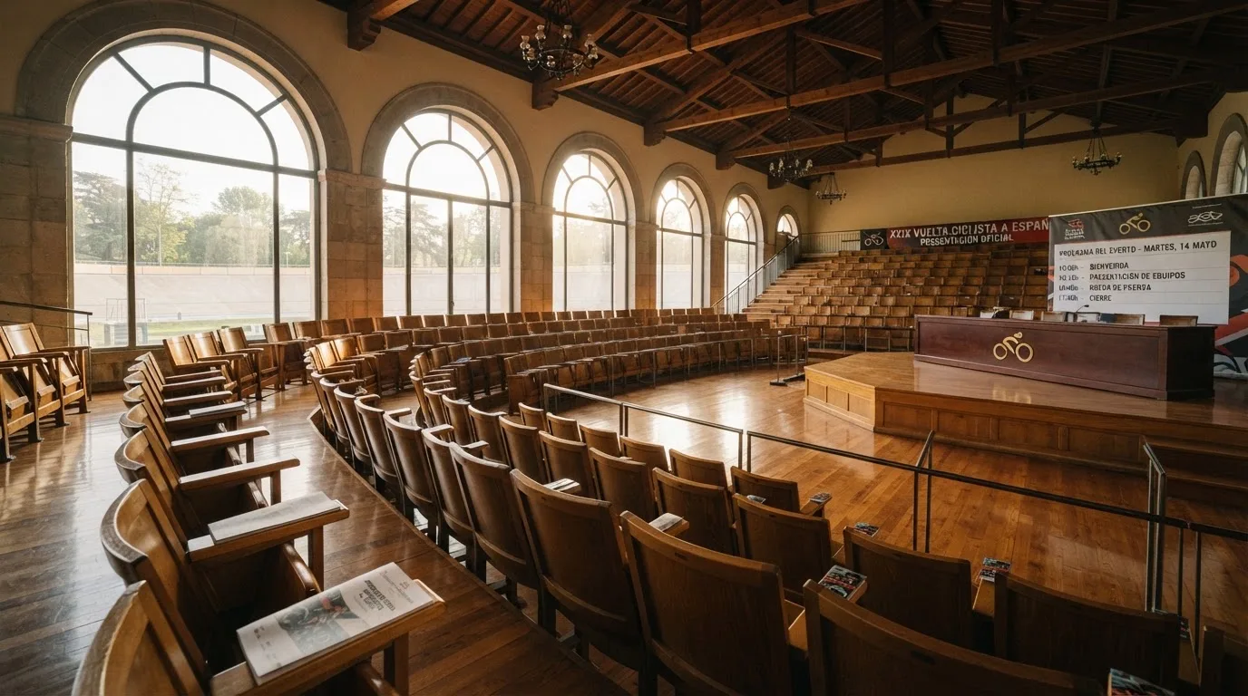 Una sala de tribunal vacía con bancos de madera a la luz de la mañana