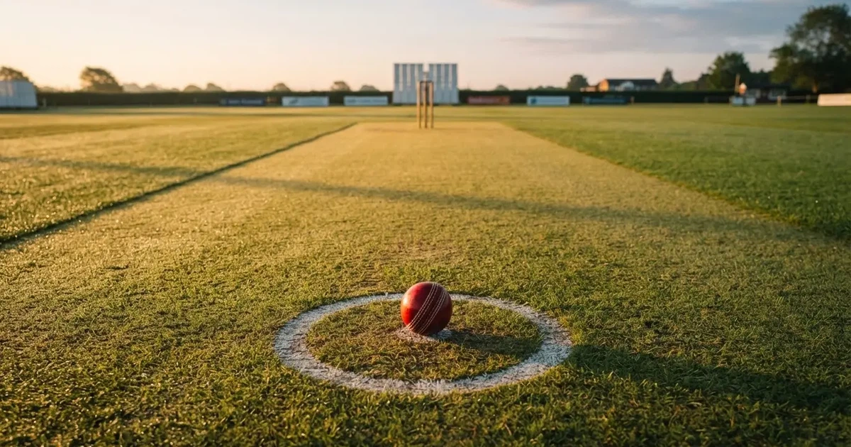 Un balón en el punto central de un campo de césped a la luz de la mañana