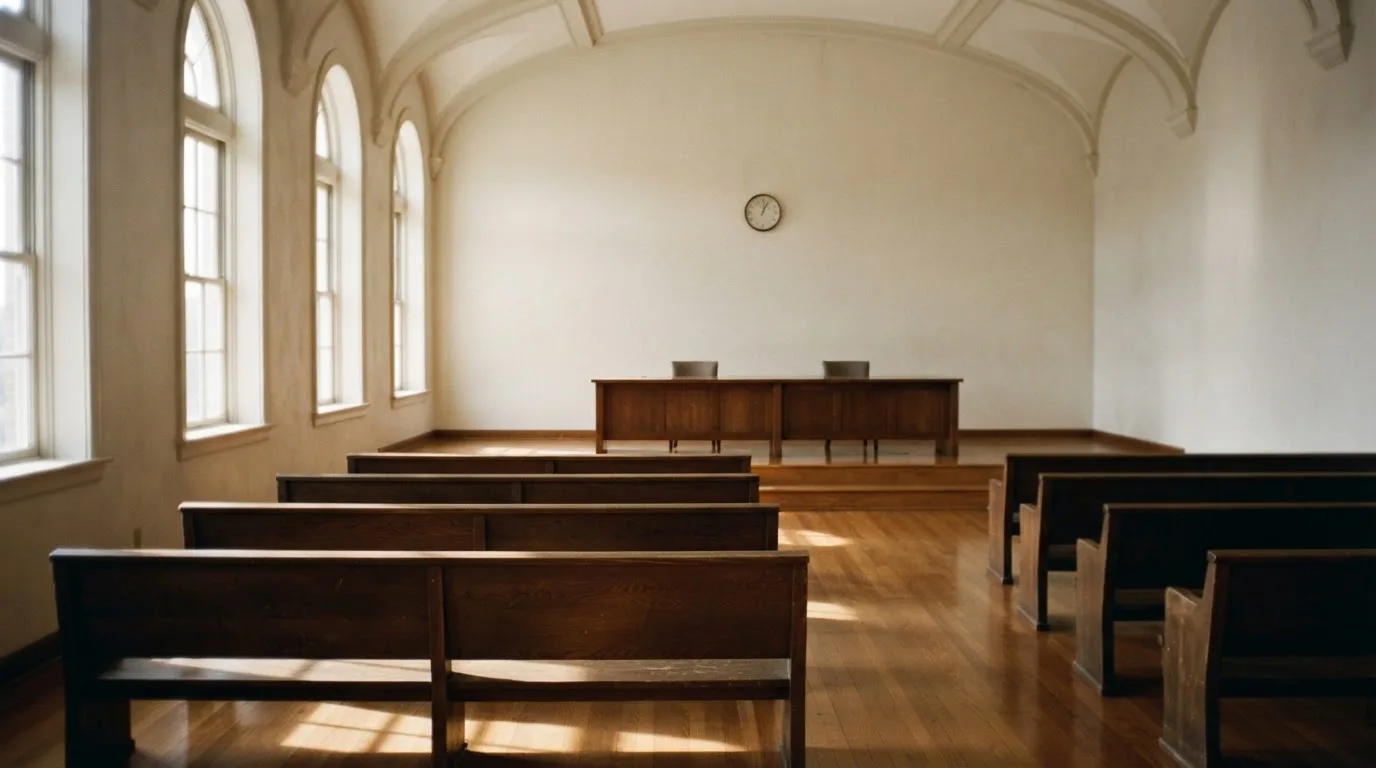 Una sala de tribunal vacía con bancos de madera a la luz de la mañana
