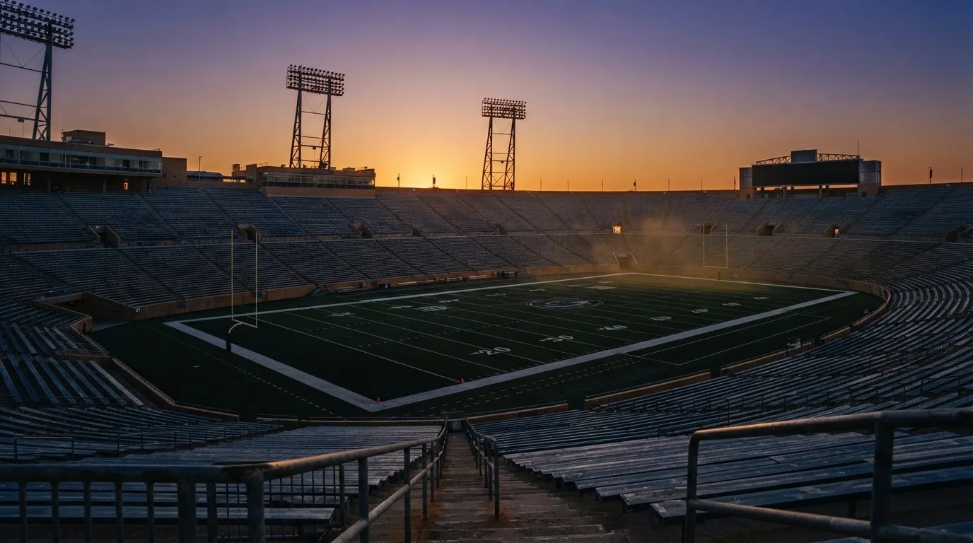 Un estadio de fútbol vacío con torres de iluminación al atardecer