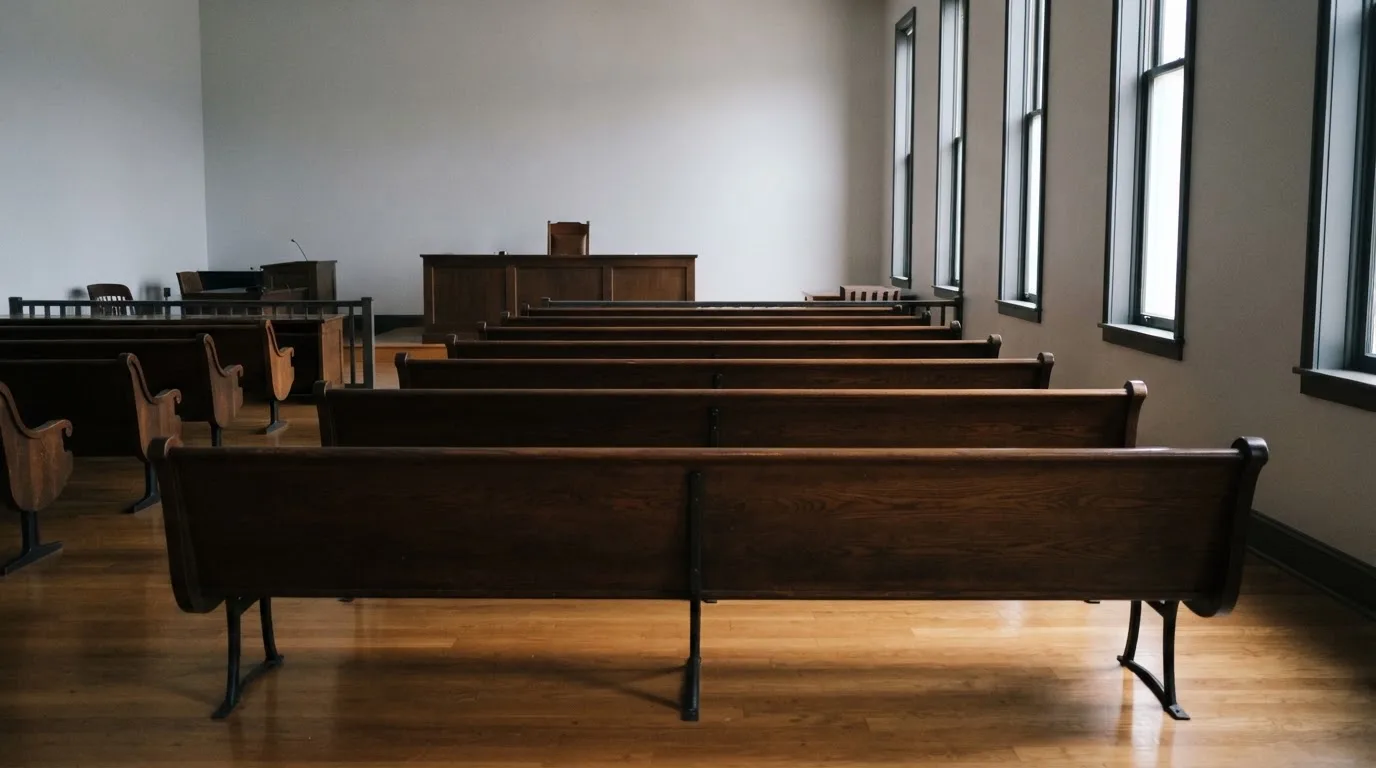 Una sala de tribunal vacía con bancos de madera a la luz de la mañana