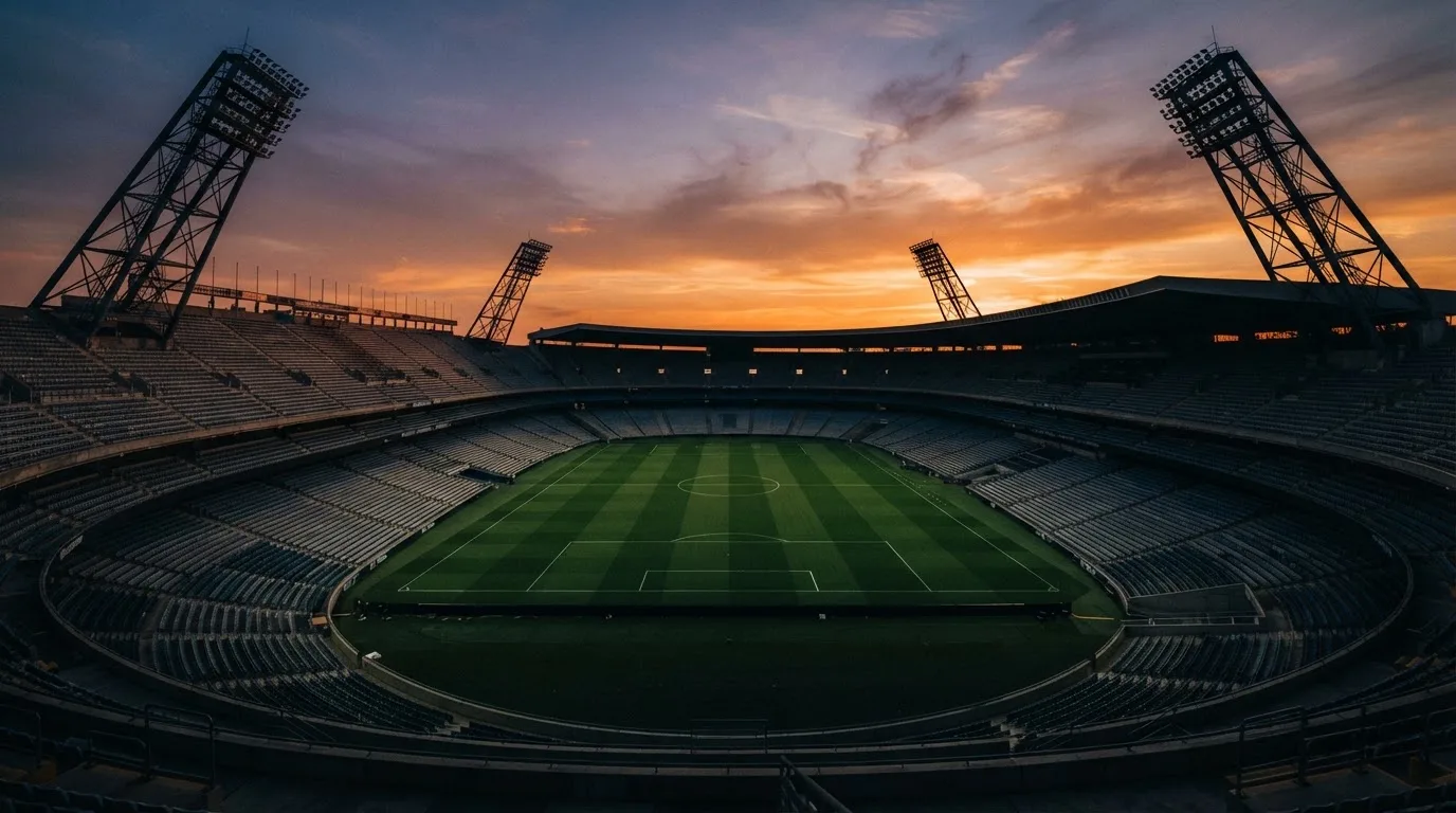 Un estadio de fútbol vacío con torres de iluminación al atardecer