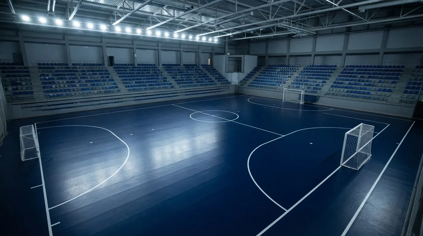 Un estadio de fútbol vacío con torres de iluminación al atardecer
