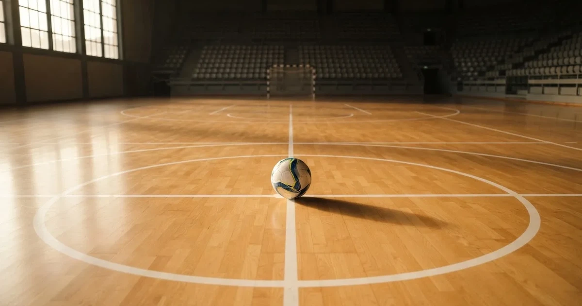Un balón en el punto central de un campo de césped a la luz de la mañana