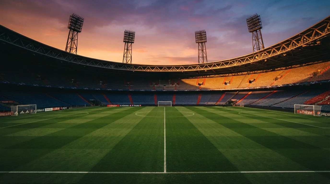 Un estadio de fútbol vacío con torres de iluminación al atardecer