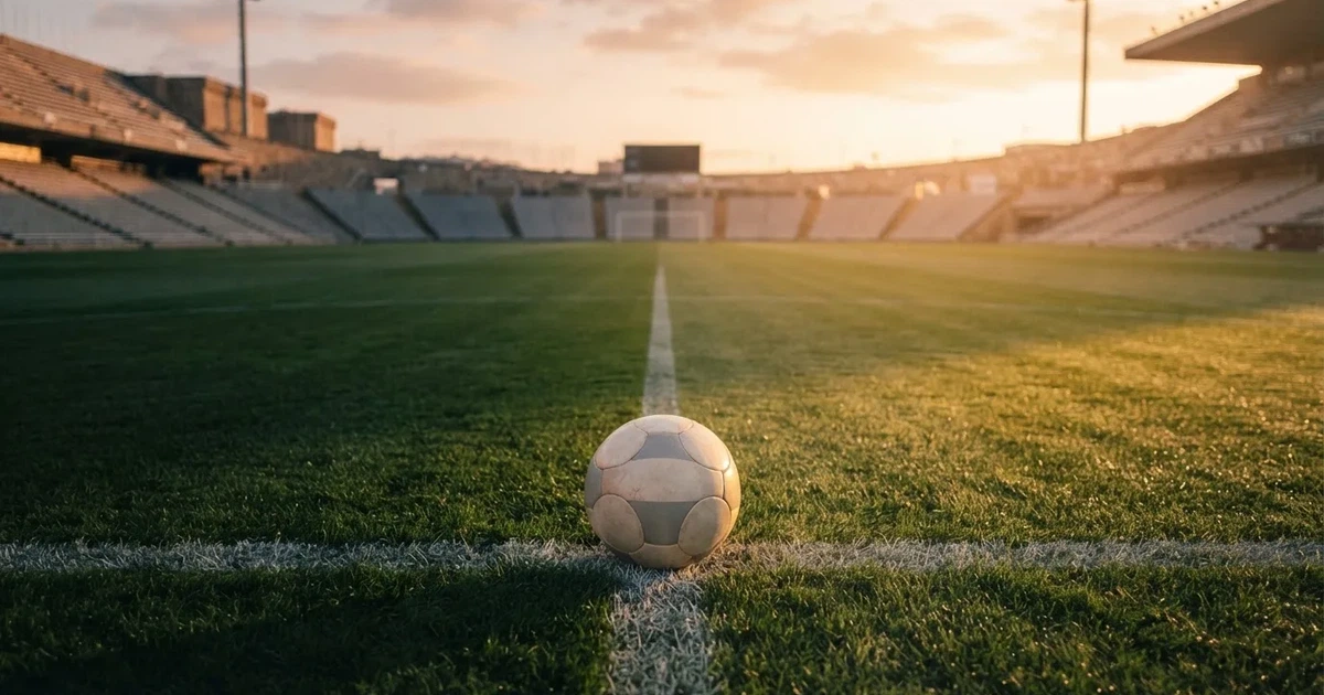 Un balón en el punto central de un campo de césped a la luz de la mañana