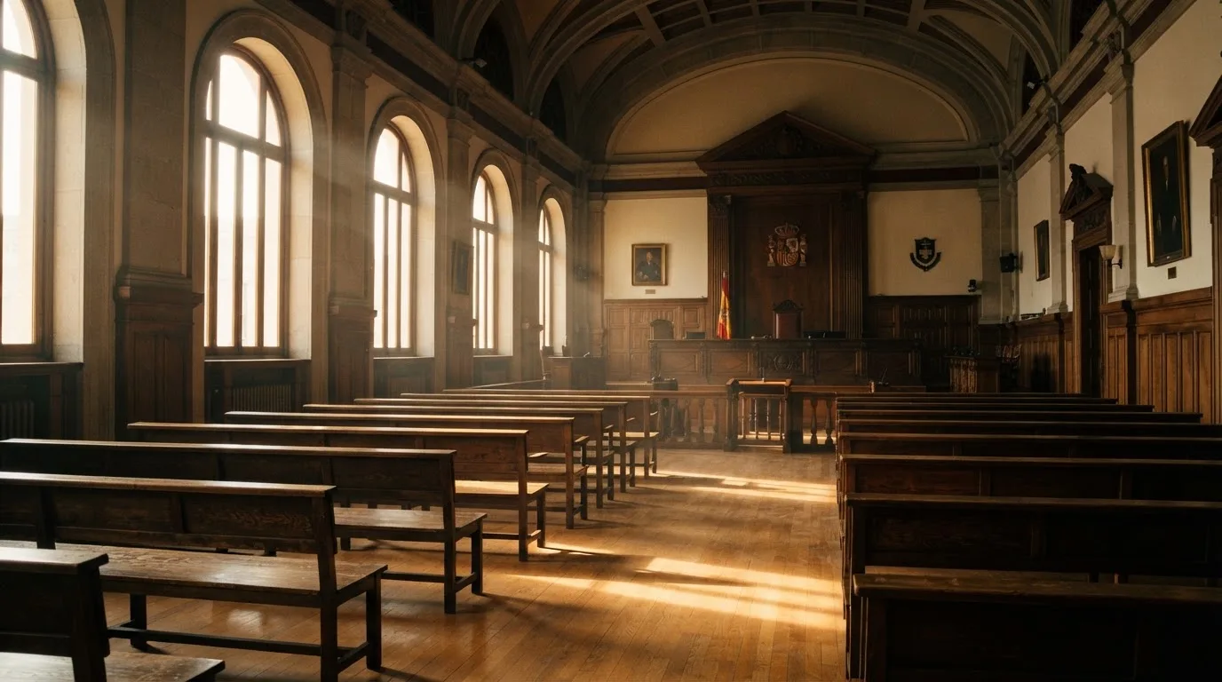 Una sala de tribunal vacía con bancos de madera a la luz de la mañana