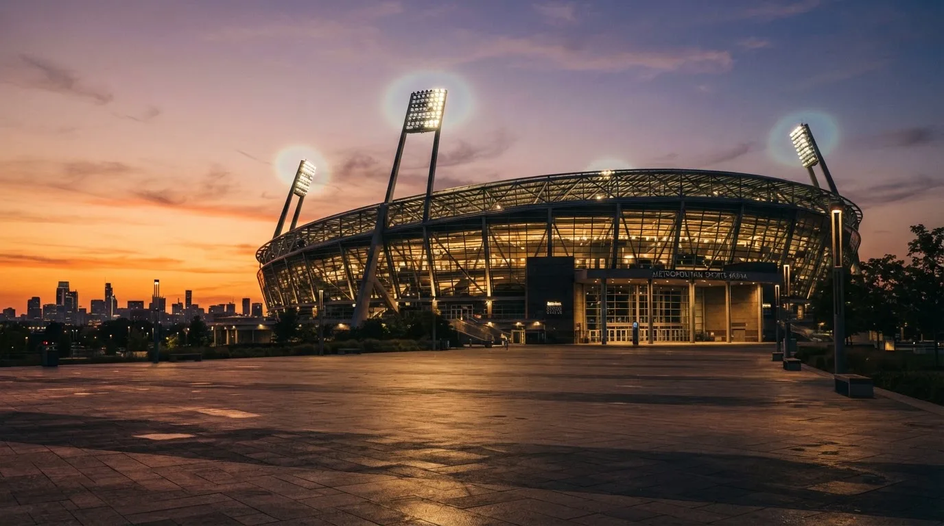Un estadio de fútbol vacío con torres de iluminación al atardecer
