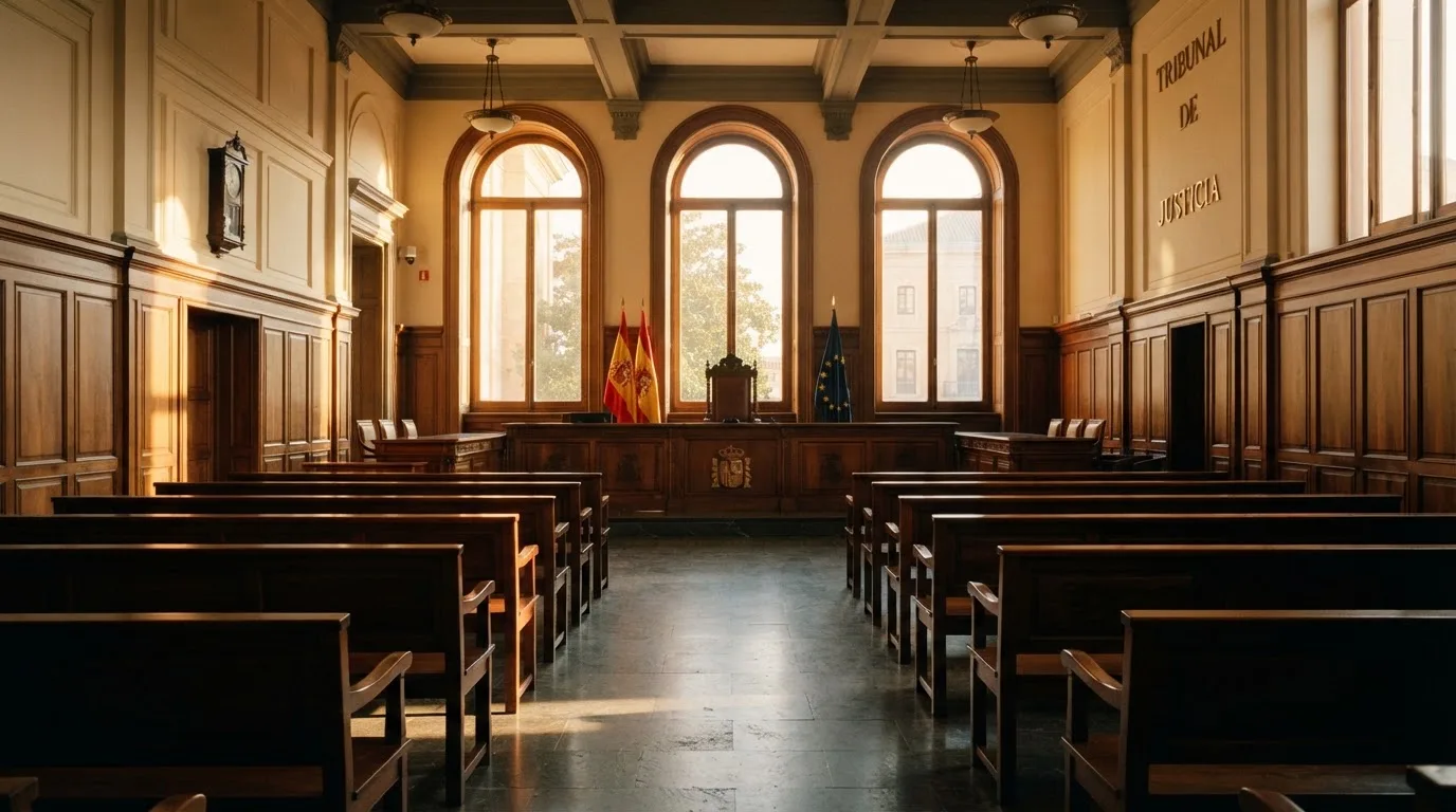 Una sala de tribunal vacía con bancos de madera a la luz de la mañana