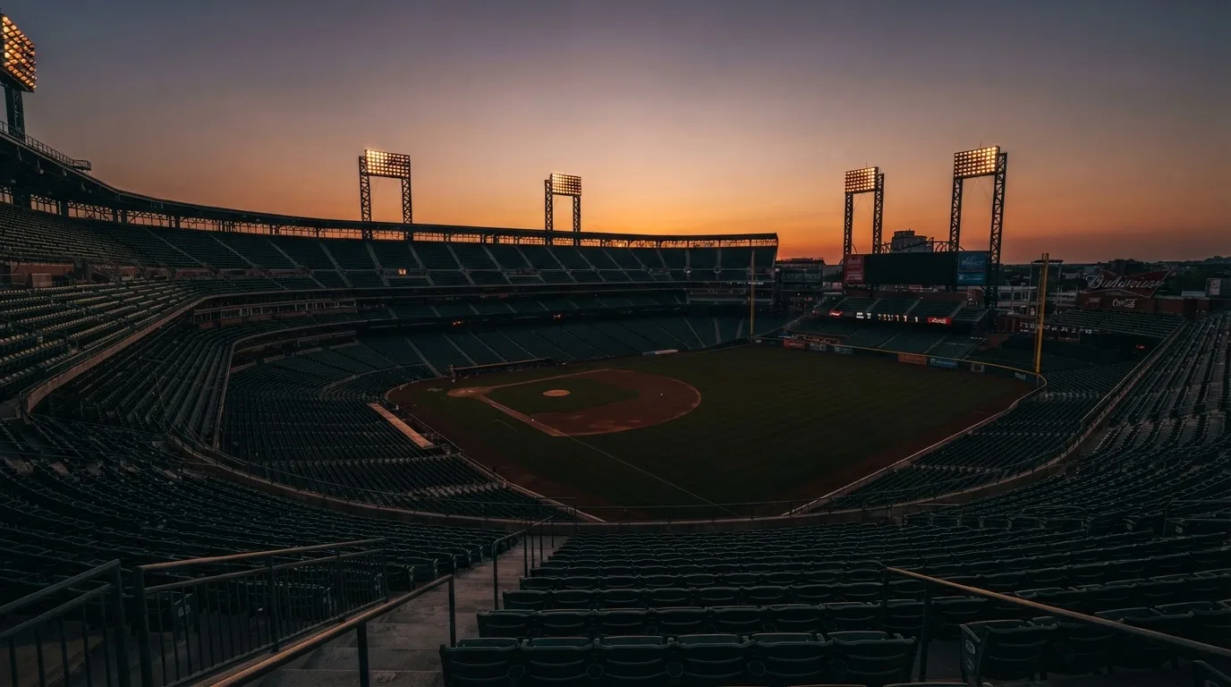 Un estadio de fútbol vacío con torres de iluminación al atardecer
