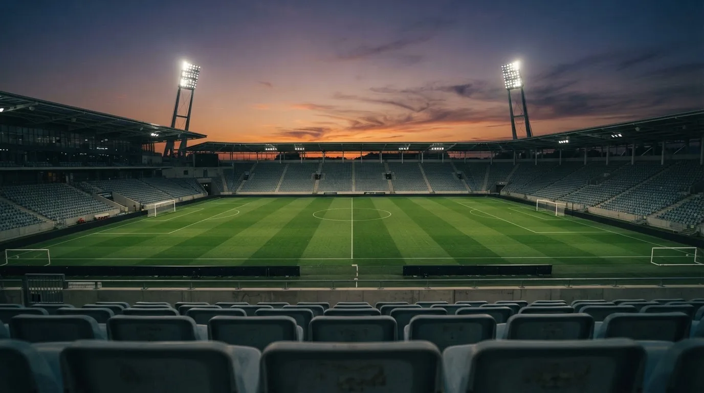 Un estadio de fútbol vacío con torres de iluminación al atardecer