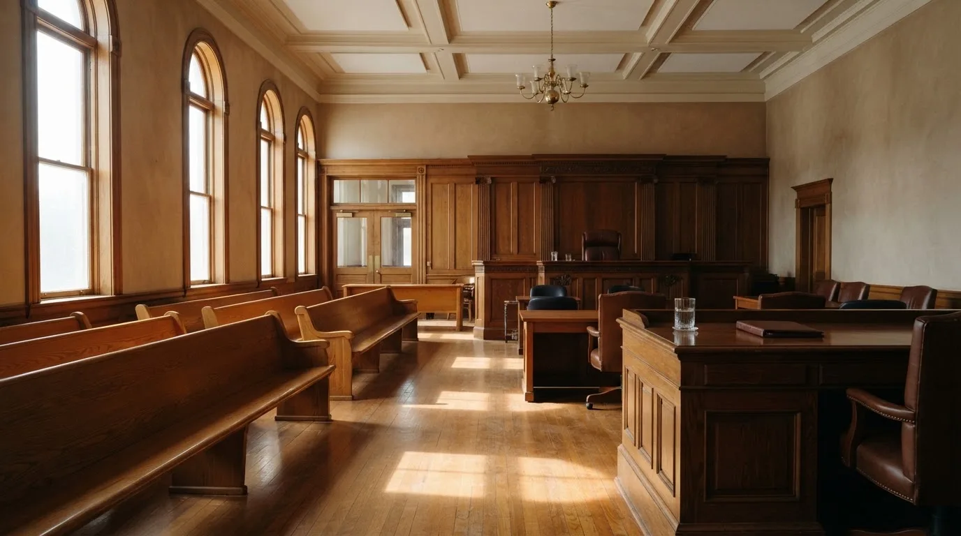 Una sala de tribunal vacía con bancos de madera a la luz de la mañana