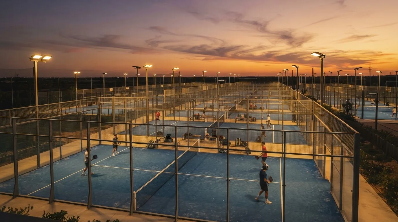 Un estadio de fútbol vacío con torres de iluminación al atardecer