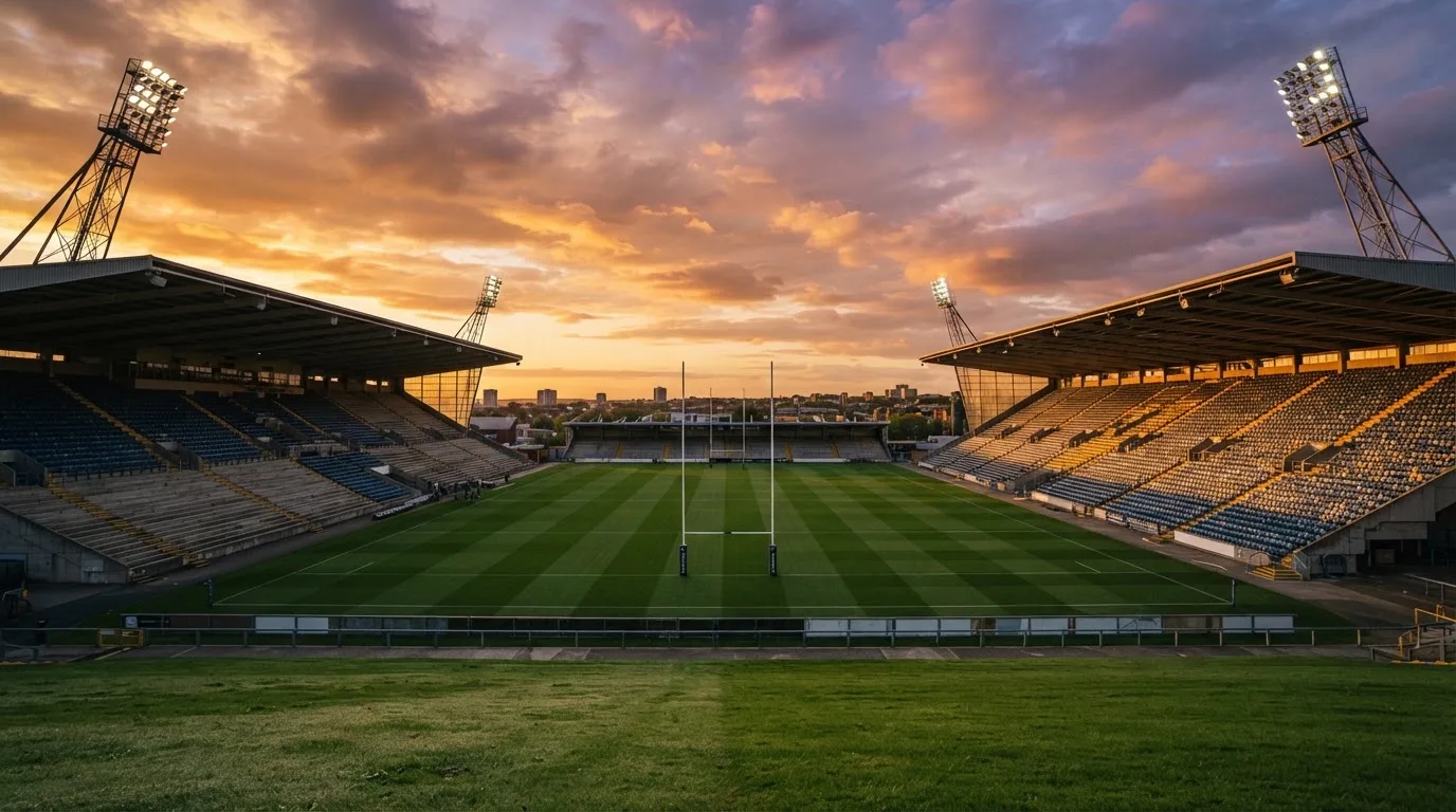 Un estadio de fútbol vacío con torres de iluminación al atardecer