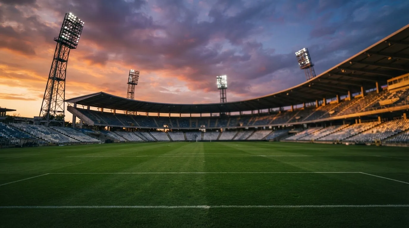 Un estadio de fútbol vacío con torres de iluminación al atardecer