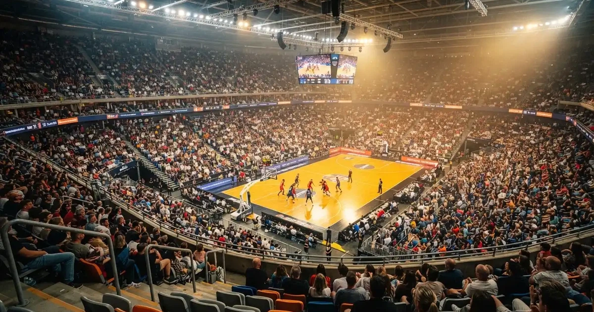 Un pabellón deportivo lleno bajo los focos, fotografiado desde muy lejos