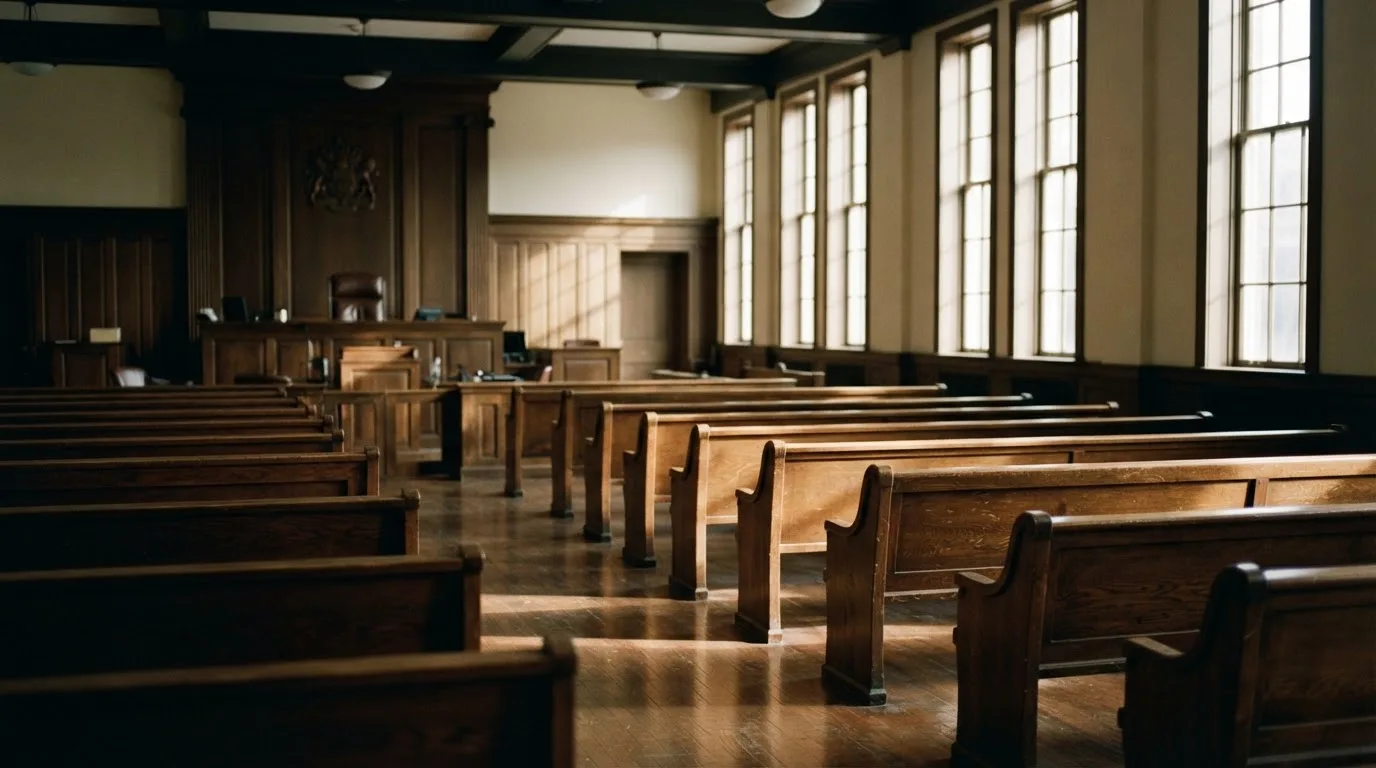 Una sala de tribunal vacía con bancos de madera a la luz de la mañana