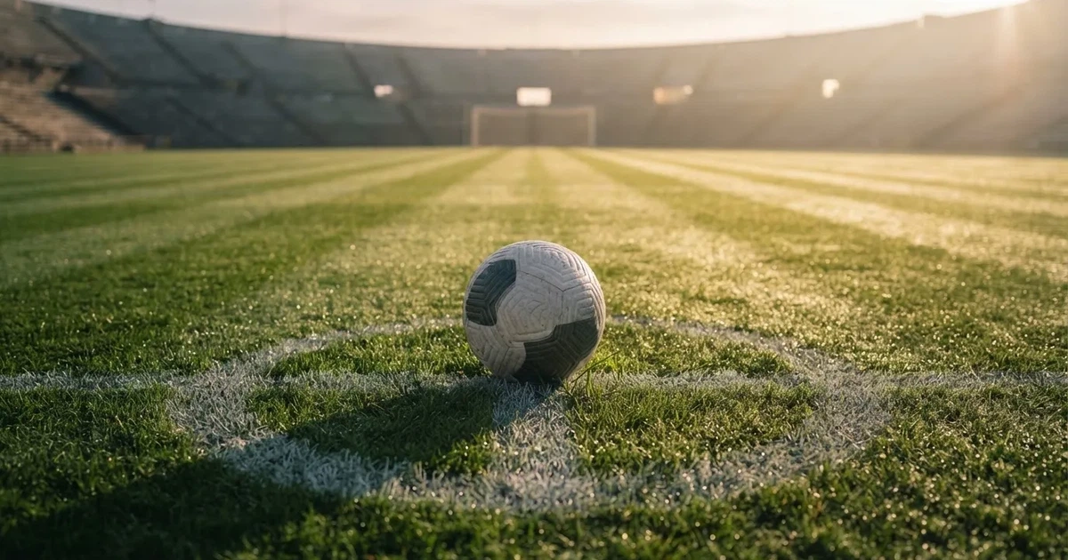 Un balón en el punto central de un campo de césped a la luz de la mañana