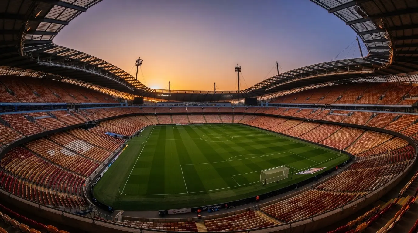 Un estadio de fútbol vacío con torres de iluminación al atardecer