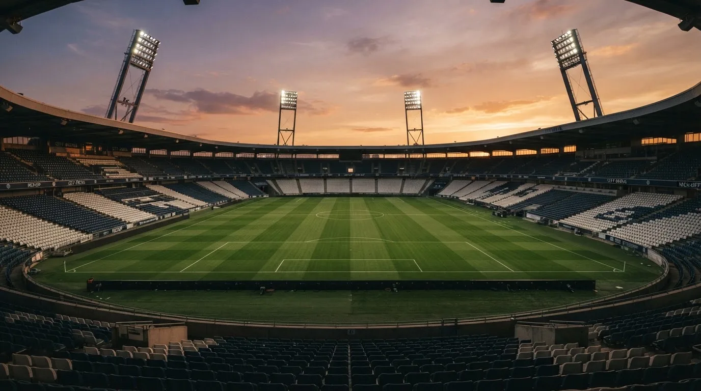 Un estadio de fútbol vacío con torres de iluminación al atardecer