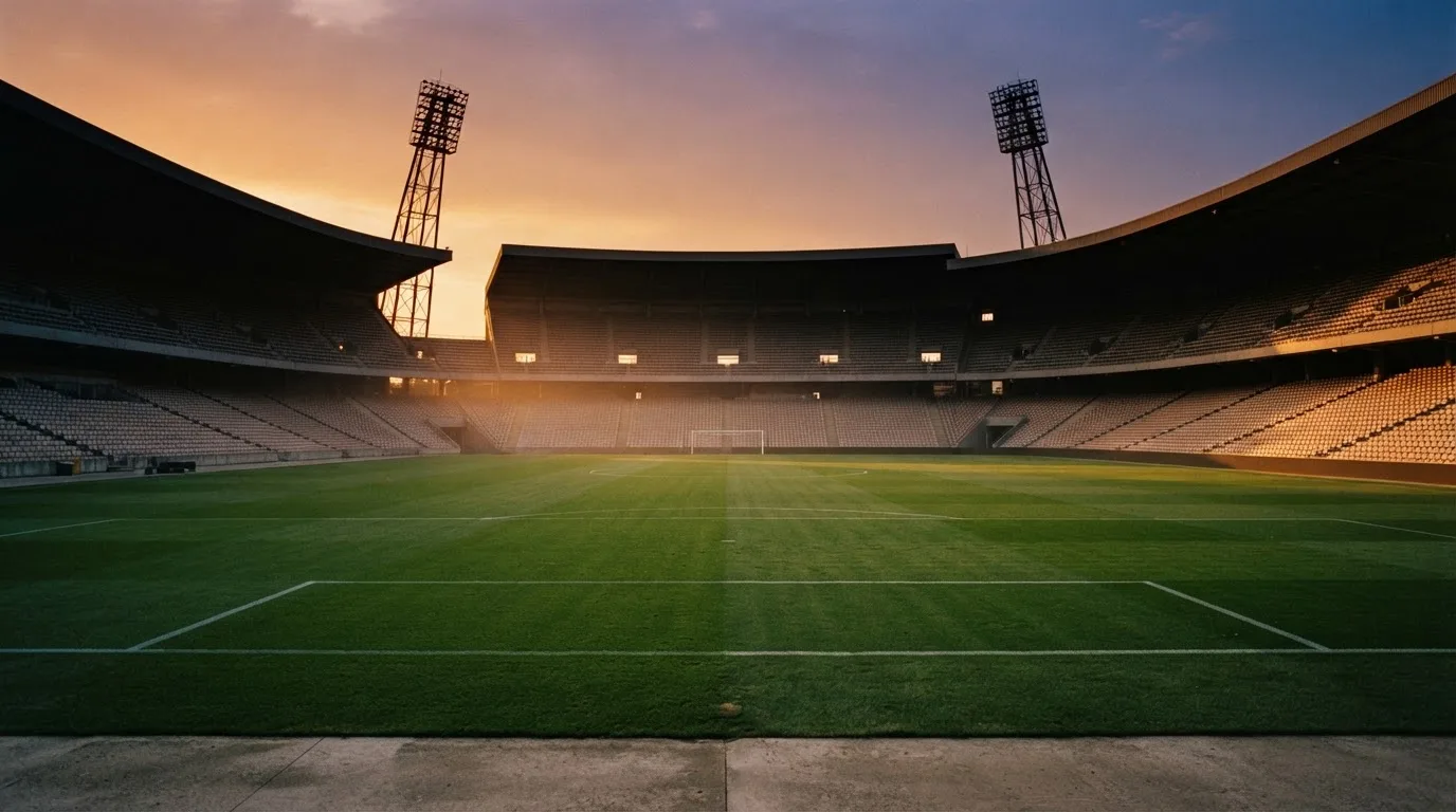 Un estadio de fútbol vacío con torres de iluminación al atardecer