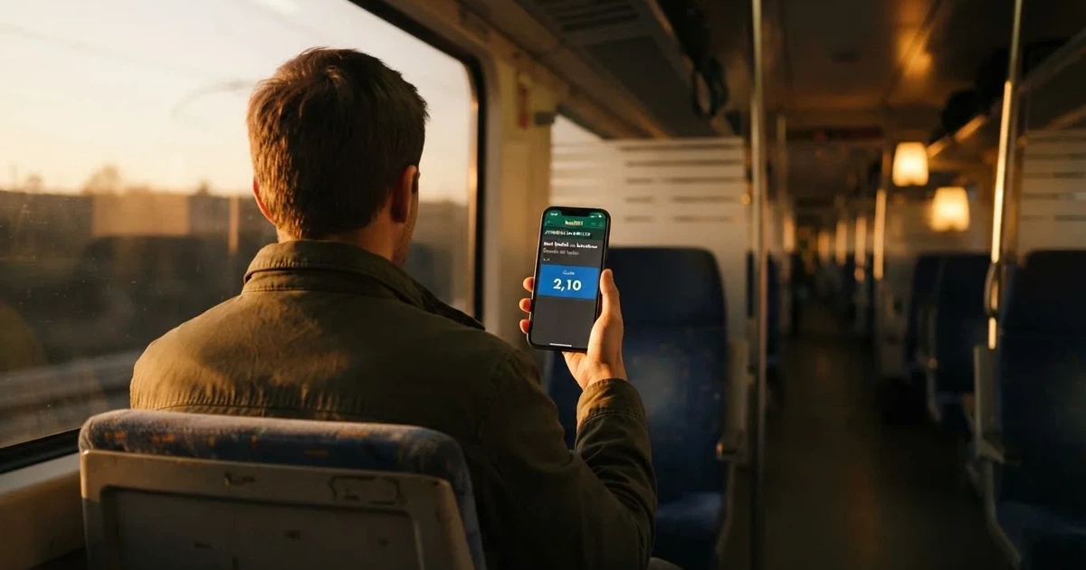 Una mano sostiene un móvil en el tren por la tarde, con la pantalla girada