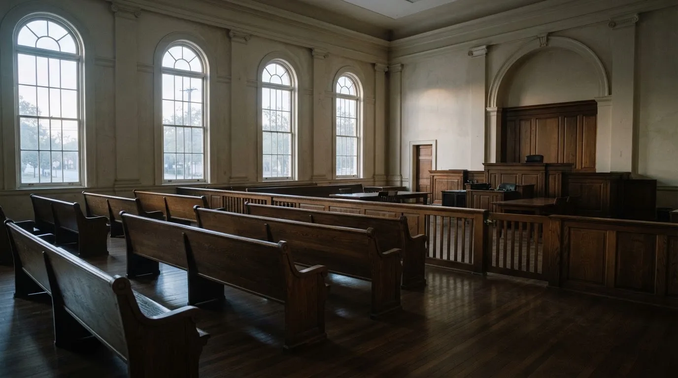 Una sala de tribunal vacía con bancos de madera a la luz de la mañana