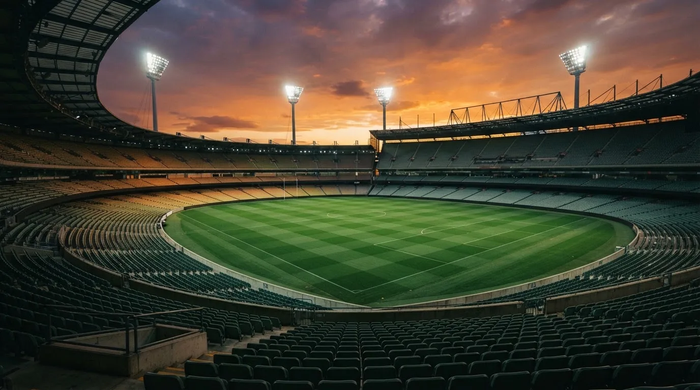 Un estadio de fútbol vacío con torres de iluminación al atardecer