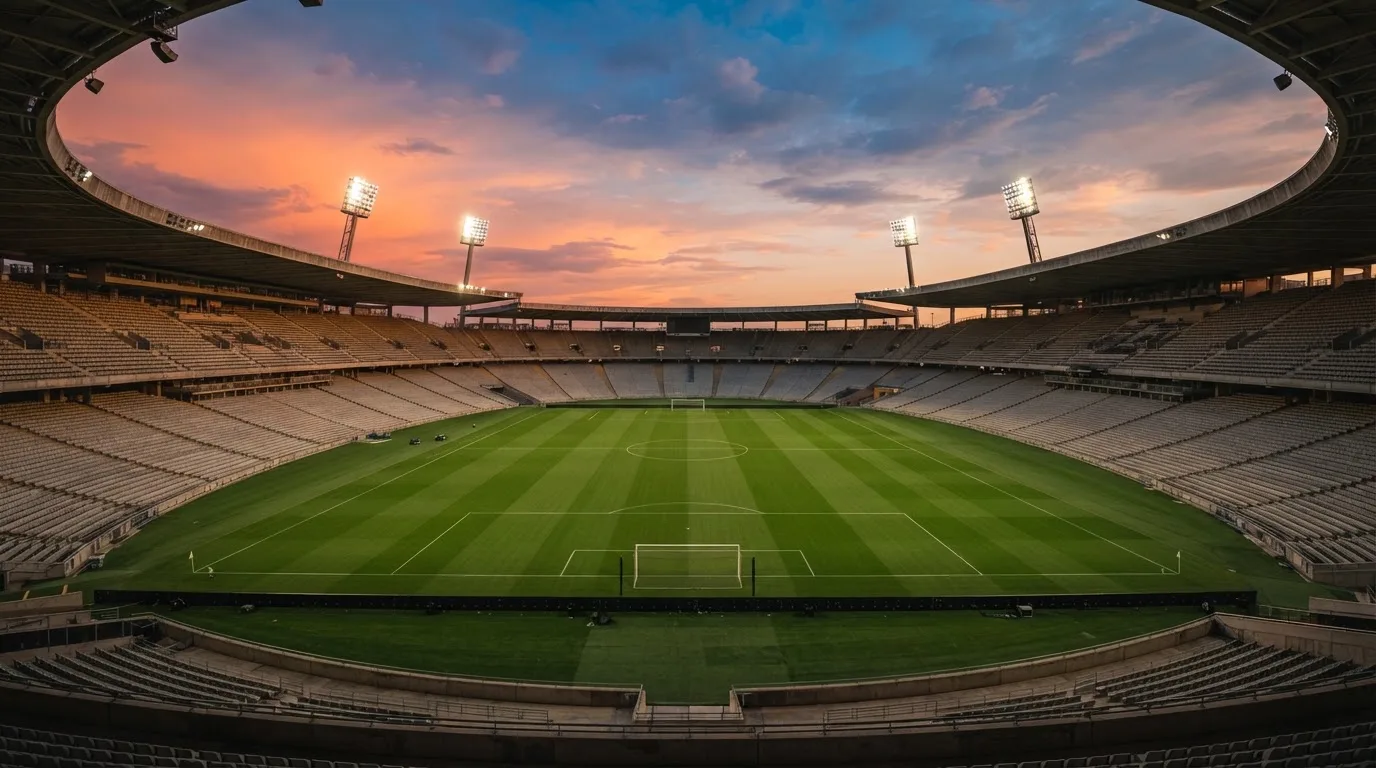 Un estadio de fútbol vacío con torres de iluminación al atardecer