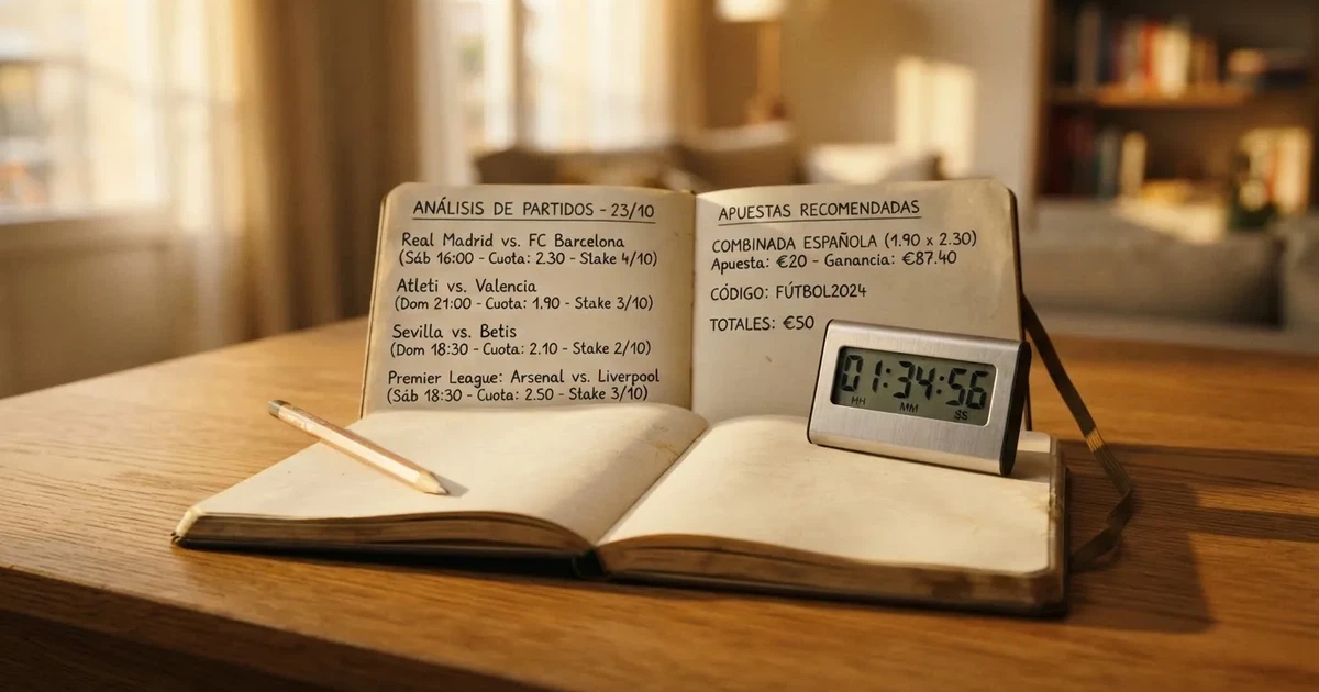 Un cuaderno abierto con un lápiz y un cronómetro sobre una mesa de madera