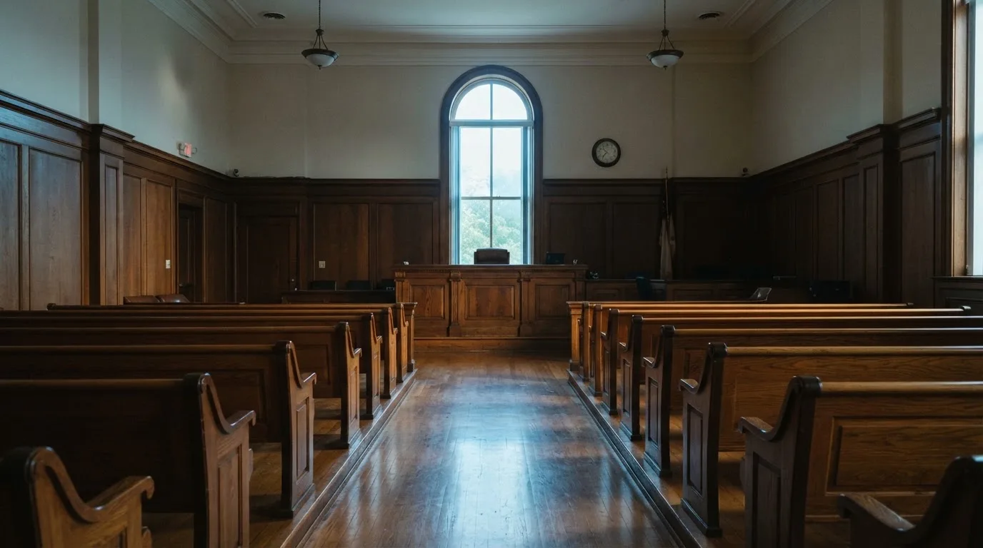 Una sala de tribunal vacía con bancos de madera a la luz de la mañana