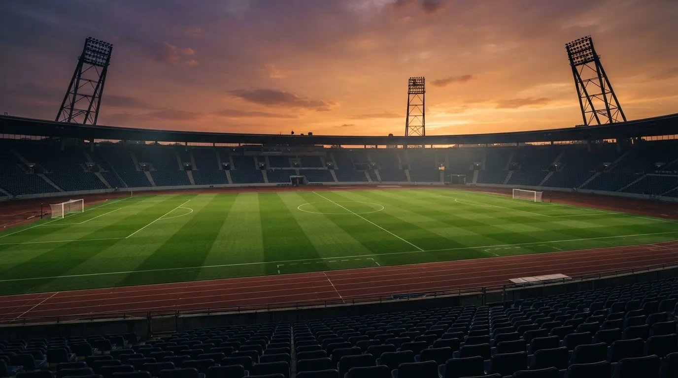 Un estadio de fútbol vacío con torres de iluminación al atardecer