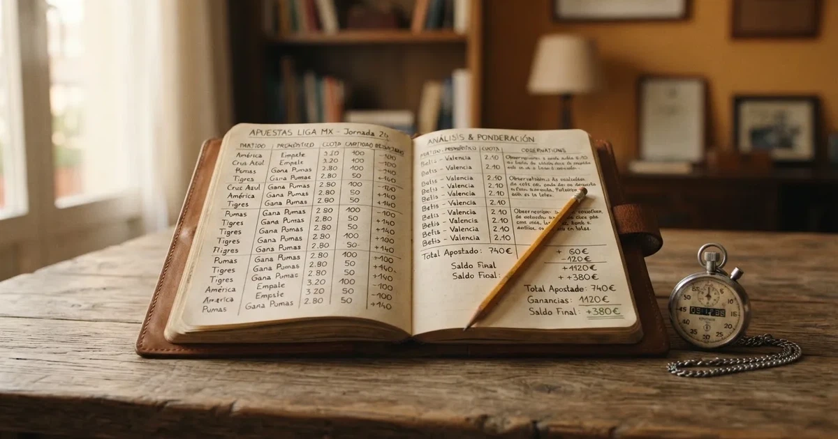 Un cuaderno abierto con un lápiz y un cronómetro sobre una mesa de madera
