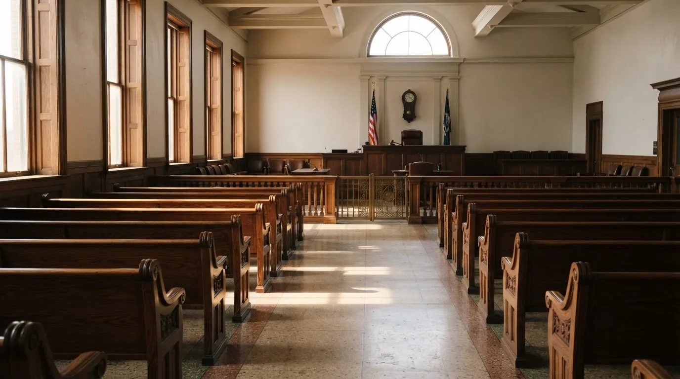 Una sala de tribunal vacía con bancos de madera a la luz de la mañana