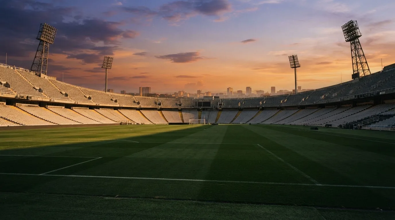 Un estadio de fútbol vacío con torres de iluminación al atardecer