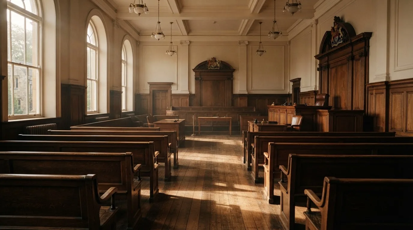 Una sala de tribunal vacía con bancos de madera a la luz de la mañana